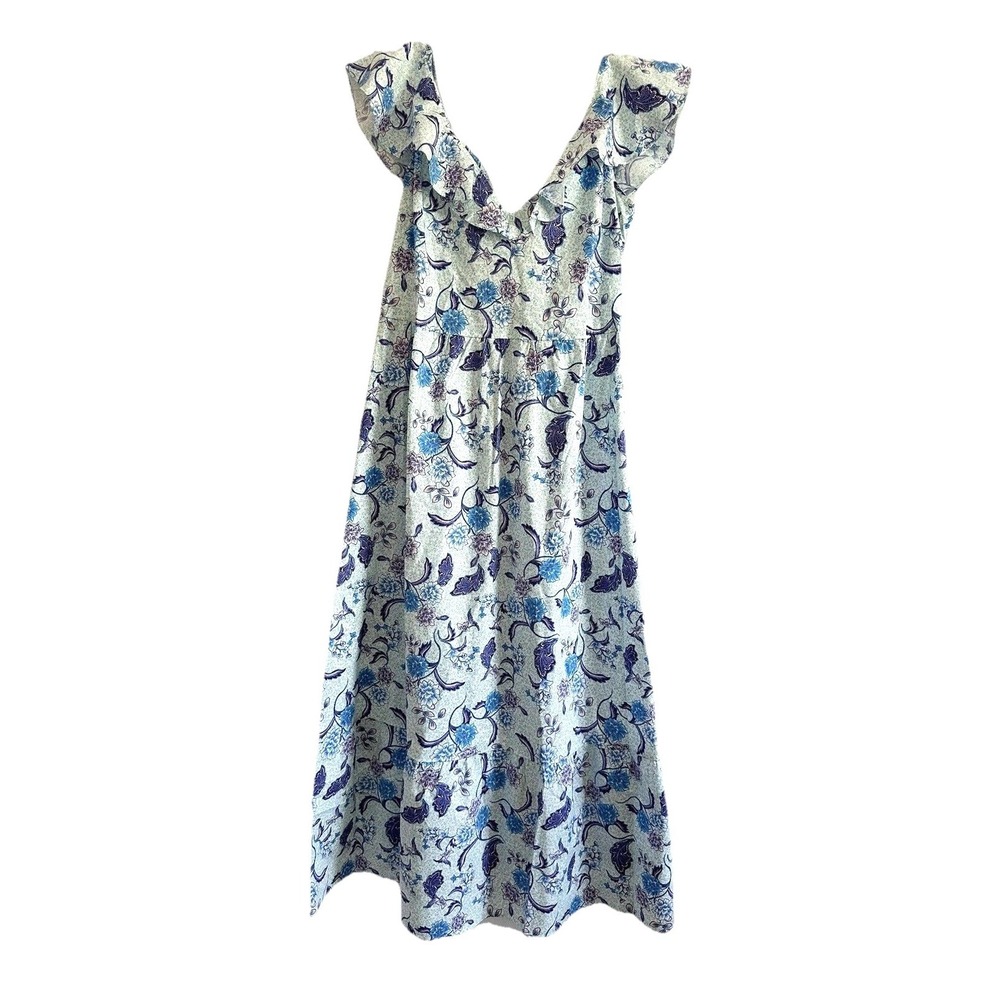 H Halston Dress Womens Size S Floral Batik Blossom Angel Blue Sleeveless Ruffled